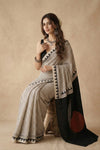 Mitti Ke Rang ~ Ajrakh Handblock Printed Modal Silk Saree Stripe in Beige with Black Pallu