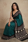 Mitti Ke Rang ~ Ajrakh Bandhani Handblock Printed Modal Silk Saree In Peacock Green