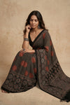 Mitti Ke Rang ~ Ajrakh Handblock Printed Modal Silk Saree with Stripe in Black