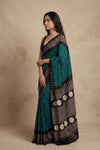 Mitti Ke Rang ~ Ajrakh Bandhani Handblock Printed Modal Silk Saree In Peacock Green