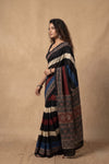 Mitti Ke Rang ~ Ajrakh Handblock Printed Modal Silk Saree with Stripe in Black