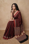 Mitti Ke Rang ~ Ajrakh Handblock Printed Modal Silk Saree in Red and Black Stripe