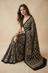 Mitti Ke Rang ~ Ajrakh Handblock Printed Modal Silk Saree in Black and Beige