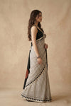 Mitti Ke Rang ~ Ajrakh Handblock Printed Modal Silk Saree Stripe in Beige with Black Pallu