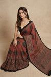 Mitti Ke Rang ~ Ajrakh Handblock Printed Modal Silk Saree with Stripe in Red