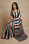 Mitti Ke Rang ~ Ajrakh Handblock Printed Modal Silk Saree with Stripe in Beige