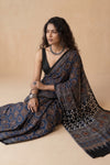 Mitti Ke Rang ~ Ajrakh Handblock Printed Modal Silk Saree in Blue