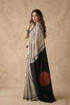 Mitti Ke Rang ~ Ajrakh Handblock Printed Modal Silk Saree Stripe in Beige with Black Pallu