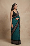 Mitti Ke Rang ~ Ajrakh Bandhani Handblock Printed Modal Silk Saree In Peacock Green