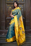Virasat ~ Handloom Pure Silk Maharani Paithani with Maharani Pallu in Dual Tone Blue Green (Muniya Butti)