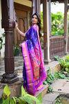 Virasat ~ Handloom Pure Silk Maharani Paithani with Maharani Pallu in Royal Blue Pink