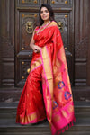 Rajsi ~ Handloom Pure Silk Maharani Paithani with Maharani Pallu in Red Pink (Muniya Butti)