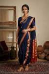 Peshwai That  ~ Handloom Pure Cotton Royal Nauvari Saree in Dark Blue