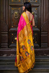 Virasat ~ Handloom Pure Silk Maharani Paithani with Maharani Pallu in Rani Pink Yellow (Muniya Butti)