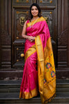 Virasat ~ Handloom Pure Silk Maharani Paithani with Maharani Pallu in Rani Pink Yellow (Muniya Butti)