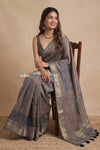 Mitti Ke Rang ~ Ajrakh Handblock Printed Viscose Tissue Silk Saree in Starlight Grey