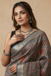 Mitti Ke Rang ~ Ajrakh Handblock Printed Viscose Tissue Silk Saree in Firstlight Grey