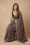 Mitti Ke Rang ~ Ajrakh Handblock Printed Viscose Tissue Silk Saree in Firstlight Grey
