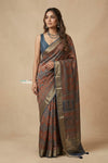 Mitti Ke Rang ~ Ajrakh Handblock Printed Viscose Tissue Silk Saree in Earthy Brown