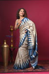 Bengal Gatha ~ Handloom Tussar Silk Saree with Handpainted Art in Off White and Blue