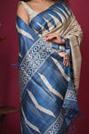 Bengal Gatha ~ Handloom Tussar Silk Saree with Handpainted Art in Off White and Blue