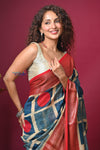 Bengal Gatha ~ Handloom Tussar Silk Saree with Handpainted Art in Blue and Red
