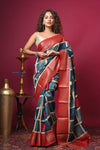 Bengal Gatha ~ Handloom Tussar Silk Saree with Handpainted Art in Blue and Red