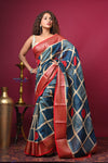 Bengal Gatha ~ Handloom Tussar Silk Saree with Handpainted Art in Blue and Red