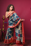 Bengal Gatha ~ Handloom Tussar Silk Saree with Handpainted Art in Blue and Red