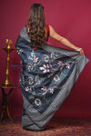 Bengal Gatha ~ Handloom Tussar Silk Saree with Hand Embroidery All Over in Dark Ble