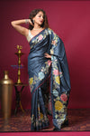 Bengal Gatha ~ Handloom Tussar Silk Saree with Floral Handpainted Art in Dark Blue
