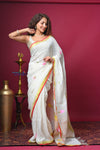 Bengal Gatha ~ Designer Linen Jamdhani Saree with Hand Weave in White
