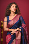 Bengal Gatha ~ Designer Chanderi Cotton Silk Saree with Digital Bandhani Print in Blue and Red