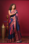 Bengal Gatha ~ Designer Chanderi Cotton Silk Saree with Digital Bandhani Print in Blue and Red