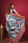 Bengal Gatha ~ Handloom Tussar Silk Saree with Digital Print in Shades of Blue and Red