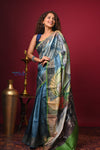 Bengal Gatha ~ Handloom Tussar Silk Saree with Digital Print in Ocean Blue