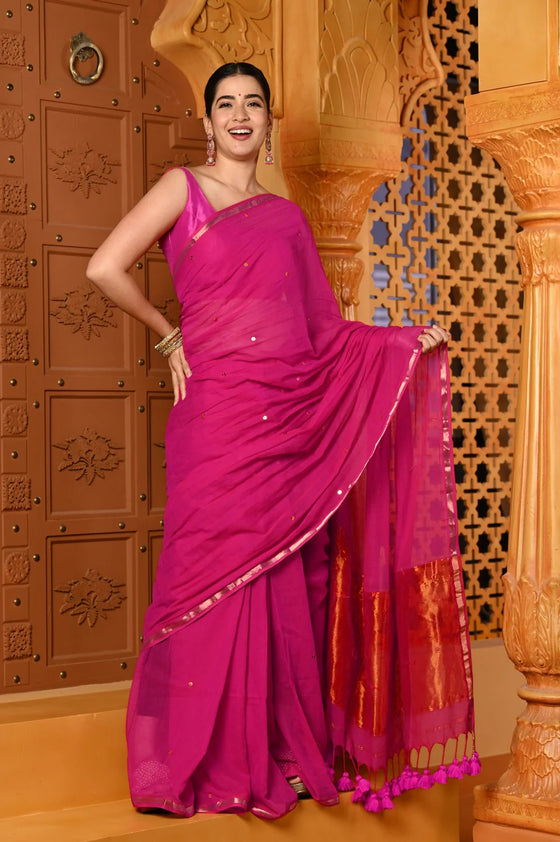 Shubh ~ Designer! High Quality Pure Mul Cotton Handloom Saree - Pink