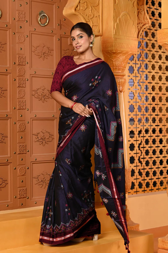 Shubh ~ Traditional Khun Cotton Resham With Kashida Work in Dark Blue with Maroon Border