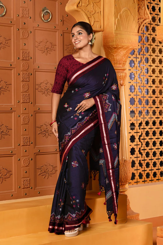 Shubh ~ Traditional Khun Cotton Resham With Kashida Work in Dark Blue with Maroon Border
