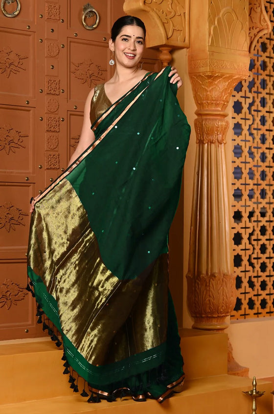 Shubh ~ Handloom High Quality Mul Cotton  Saree with Sleek Golden Border in Exclusive Green
