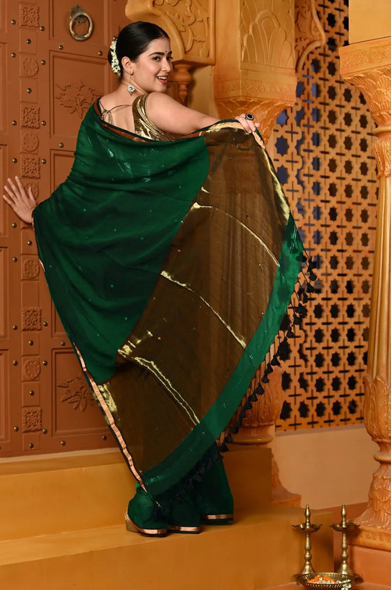 Shubh ~ Handloom High Quality Mul Cotton  Saree with Sleek Golden Border in Exclusive Green