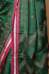Exclusive Traditional Khun Saree - Cotton Resham Authentic Handwoven Saree, Bottle Green Weave with Kashida work - Pink Border