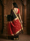 Gaurangi~Handloom Cotton Silk Saree with Antique Gold Zari Border in Charcoal Black & Red