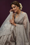 Aarini ~ Organza Banarasi Saree with Handcrafted Beadwork In Cloud Grey - verymuchindian.com