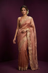 Aarini ~ Organza Banarasi Saree with Handcrafted Beadwork In Salmon Pink - verymuchindian.com