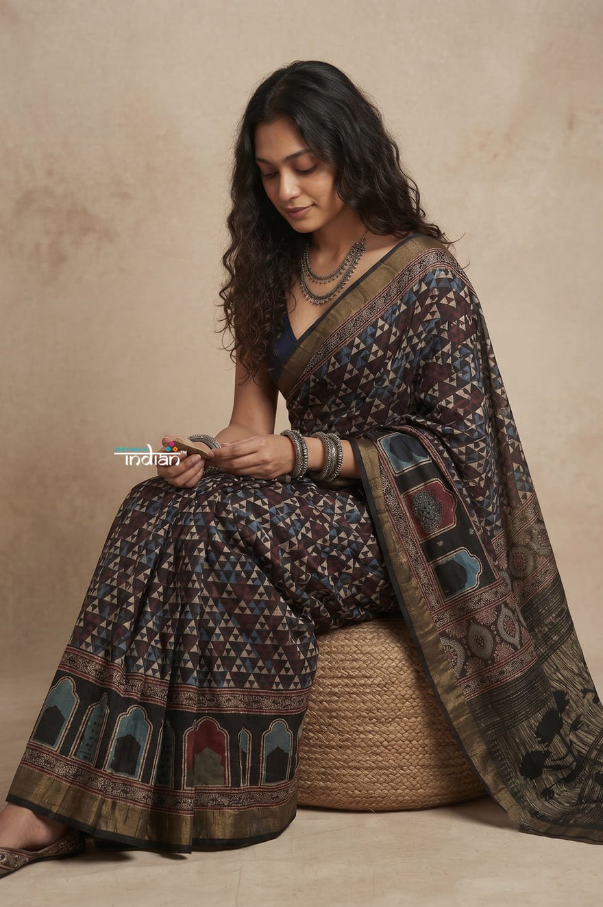 AJRAKH X PAITHANI ~ Mitti Ke Rang ~ EXCLUSIVE Ajrakh Handblock Printed Cotton Paithani Saree in Multicolor Black - verymuchindian.com