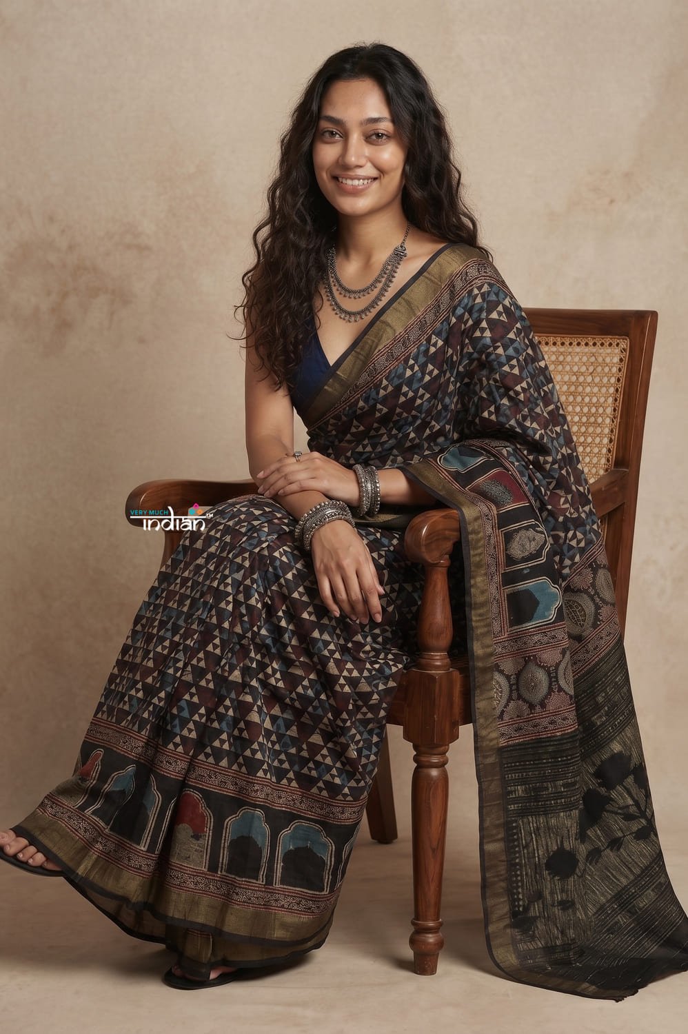 AJRAKH X PAITHANI ~ Mitti Ke Rang ~ EXCLUSIVE Ajrakh Handblock Printed Cotton Paithani Saree in Multicolor Black - verymuchindian.com