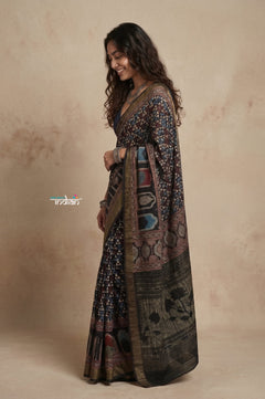 AJRAKH X PAITHANI ~ Mitti Ke Rang ~ EXCLUSIVE Ajrakh Handblock Printed Cotton Paithani Saree in Multicolor Black - verymuchindian.com