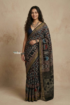 AJRAKH X PAITHANI ~ Mitti Ke Rang ~ EXCLUSIVE Ajrakh Handblock Printed Cotton Paithani Saree in Multicolor Black - verymuchindian.com
