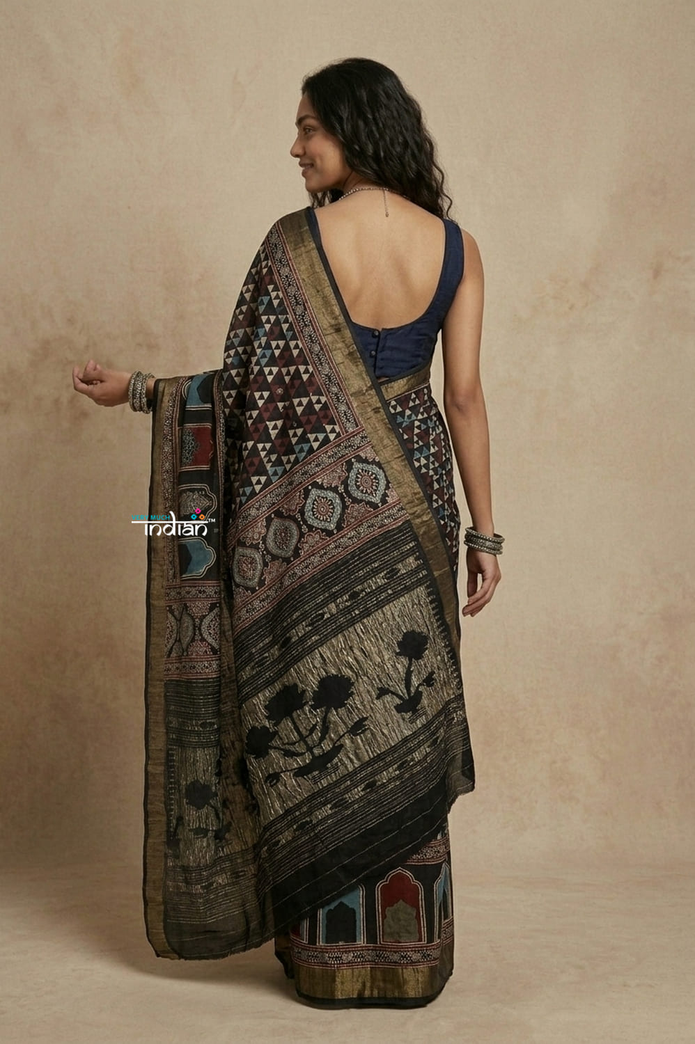 AJRAKH X PAITHANI ~ Mitti Ke Rang ~ EXCLUSIVE Ajrakh Handblock Printed Cotton Paithani Saree in Multicolor Black - verymuchindian.com